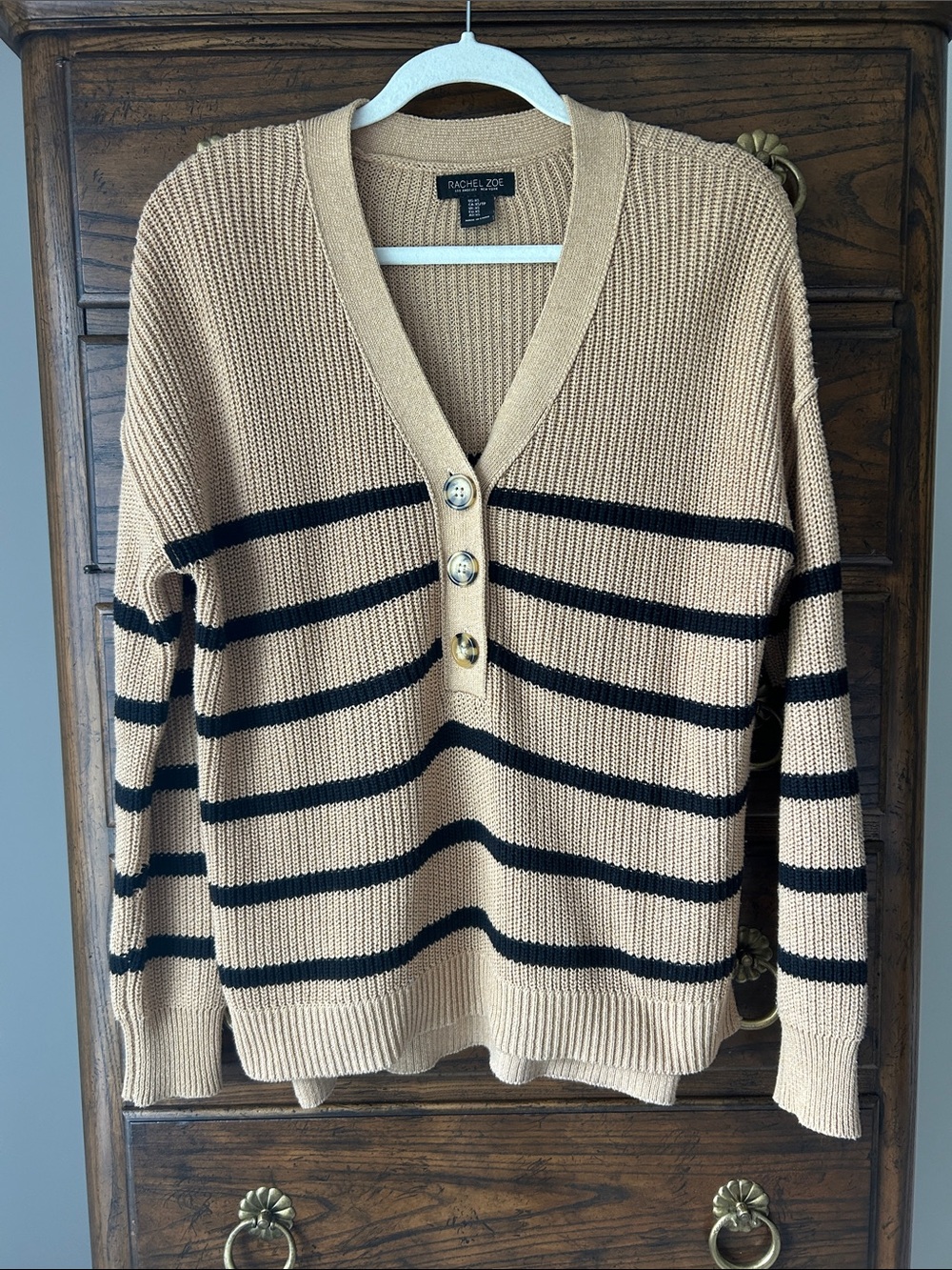 Rachel Zoe Tan and Black Striped V-Neck Button Knit Sweater, Size XS